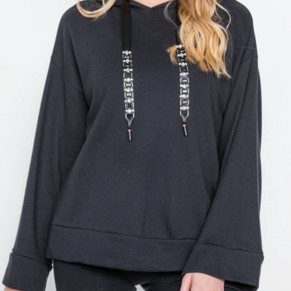 🖤Black Hoodie Sweatshirt with Rhinestone Trim - Picture 3 of 3